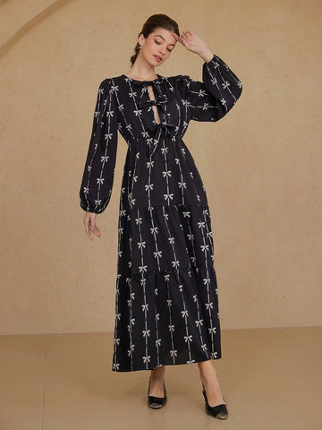 Aveloria Rosie Romantic Italian Style Two-Tone Bow Tie Print Tie Front Hollow Out Round Neck Lantern Sleeve Dress For Women, Spring