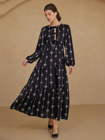 Aveloria Rosie Romantic Italian Style Two-Tone Bow Tie Print Tie Front Hollow Out Round Neck Lantern Sleeve Dress For Women, Spring