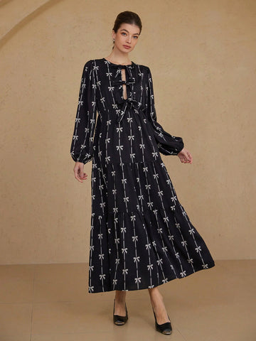 Aveloria Rosie Romantic Italian Style Two-Tone Bow Tie Print Tie Front Hollow Out Round Neck Lantern Sleeve Dress For Women, Spring
