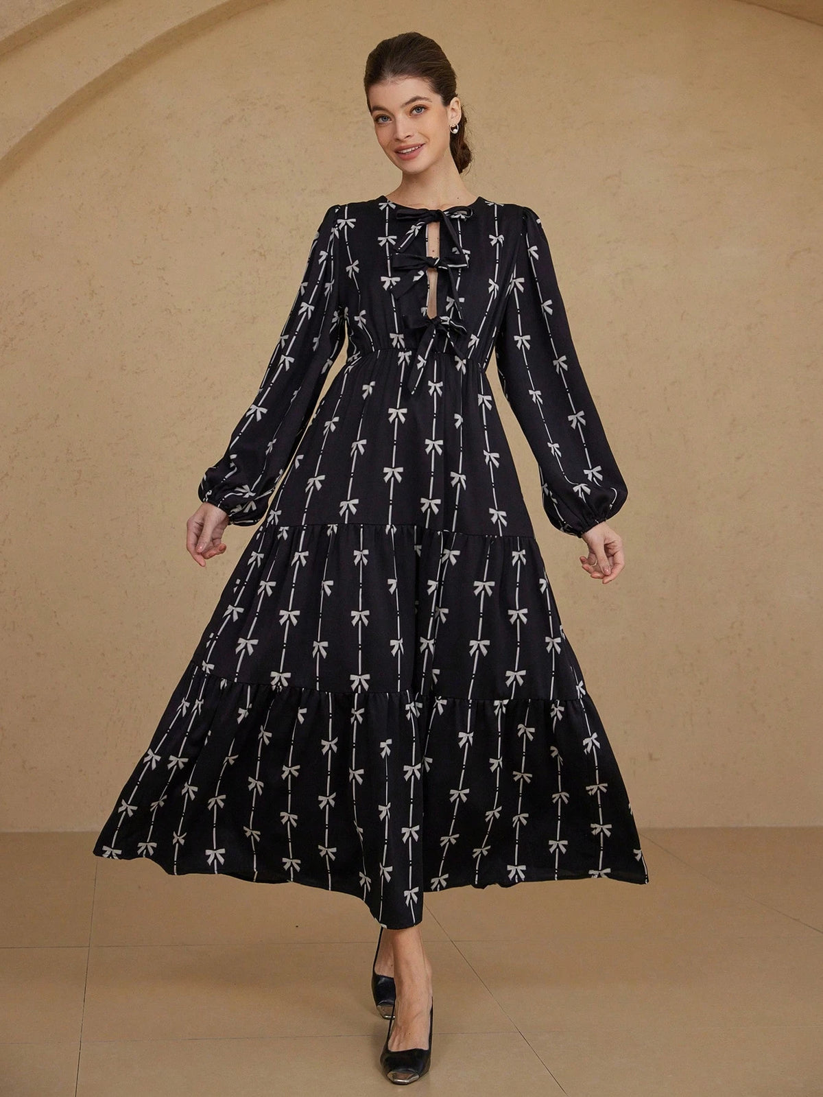 Aveloria Rosie Romantic Italian Style Two-Tone Bow Tie Print Tie Front Hollow Out Round Neck Lantern Sleeve Dress For Women, Spring