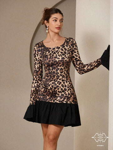 Aveloria Rosie Romantic Knitted Leopard Print Splicing U-Neck Short Dress With Ruffle Details And Contrast Color Trim, Figure-Flattering Fitted Long Sleeve Mini Dress For Women