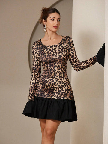 Aveloria Rosie Romantic Knitted Leopard Print Splicing U-Neck Short Dress With Ruffle Details And Contrast Color Trim, Figure-Flattering Fitted Long Sleeve Mini Dress For Women