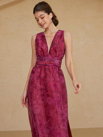 Aveloria Rosie Romantic Valentine's Day Deep Color Floral Print Deep V-Neck Ruched Waist A-Line Dress For Women, Spring/Summer