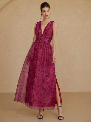 Aveloria Rosie Romantic Valentine's Day Deep Color Floral Print Deep V-Neck Ruched Waist A-Line Dress For Women, Spring/Summer