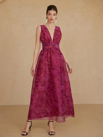 Aveloria Rosie Romantic Valentine's Day Deep Color Floral Print Deep V-Neck Ruched Waist A-Line Dress For Women, Spring/Summer