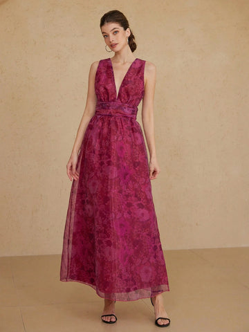 Aveloria Rosie Romantic Valentine's Day Deep Color Floral Print Deep V-Neck Ruched Waist A-Line Dress For Women, Spring/Summer