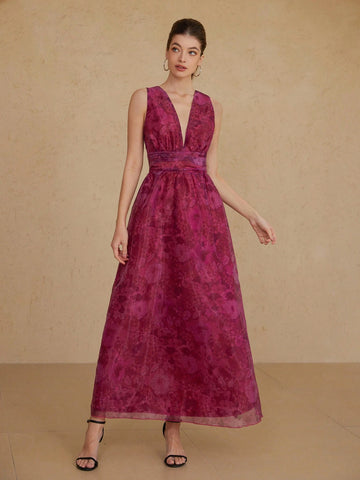 Aveloria Rosie Romantic Valentine's Day Deep Color Floral Print Deep V-Neck Ruched Waist A-Line Dress For Women, Spring/Summer