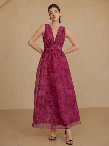 Aveloria Rosie Romantic Valentine's Day Deep Color Floral Print Deep V-Neck Ruched Waist A-Line Dress For Women, Spring/Summer