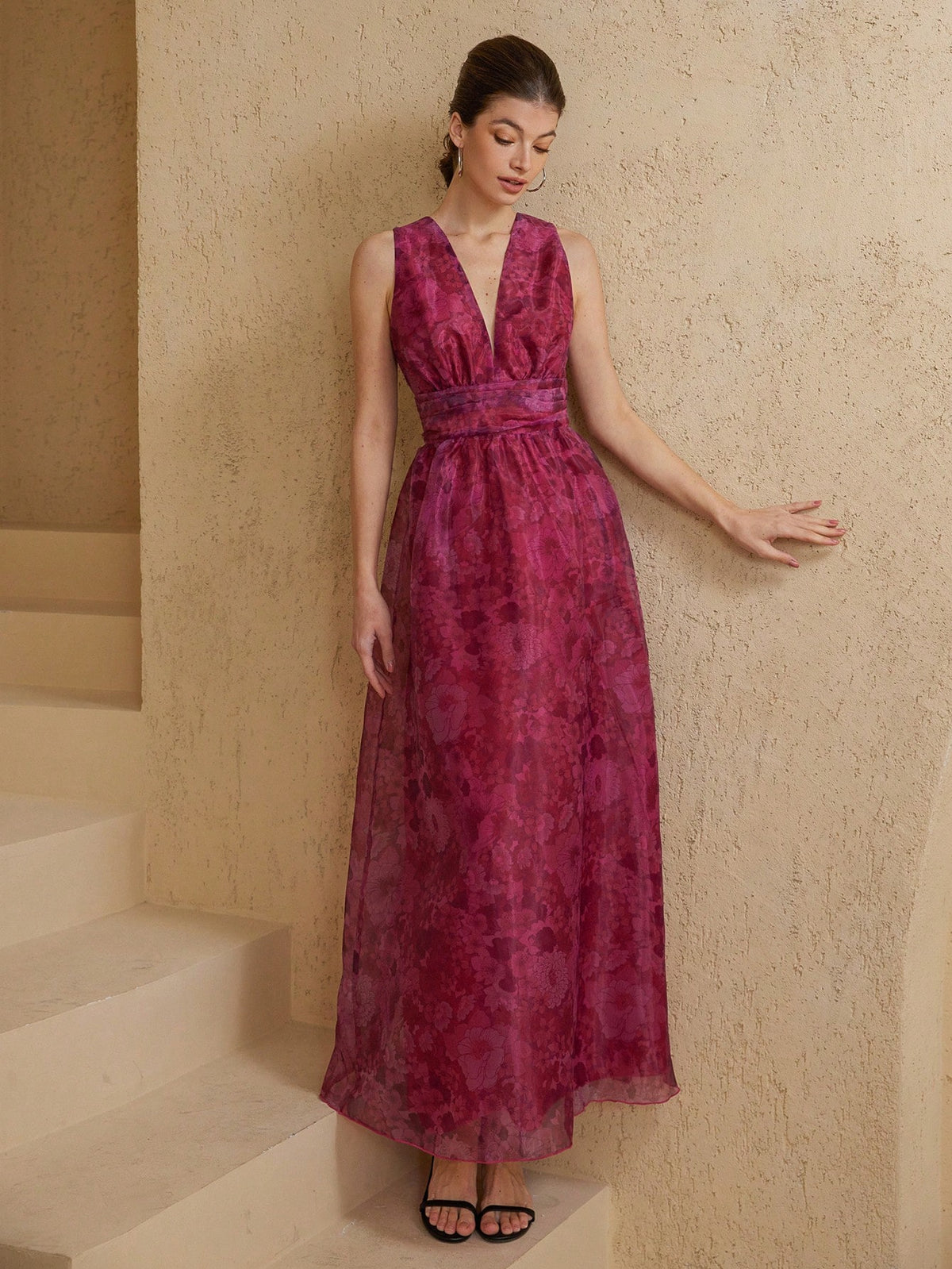 Aveloria Rosie Romantic Valentine's Day Deep Color Floral Print Deep V-Neck Ruched Waist A-Line Dress For Women, Spring/Summer