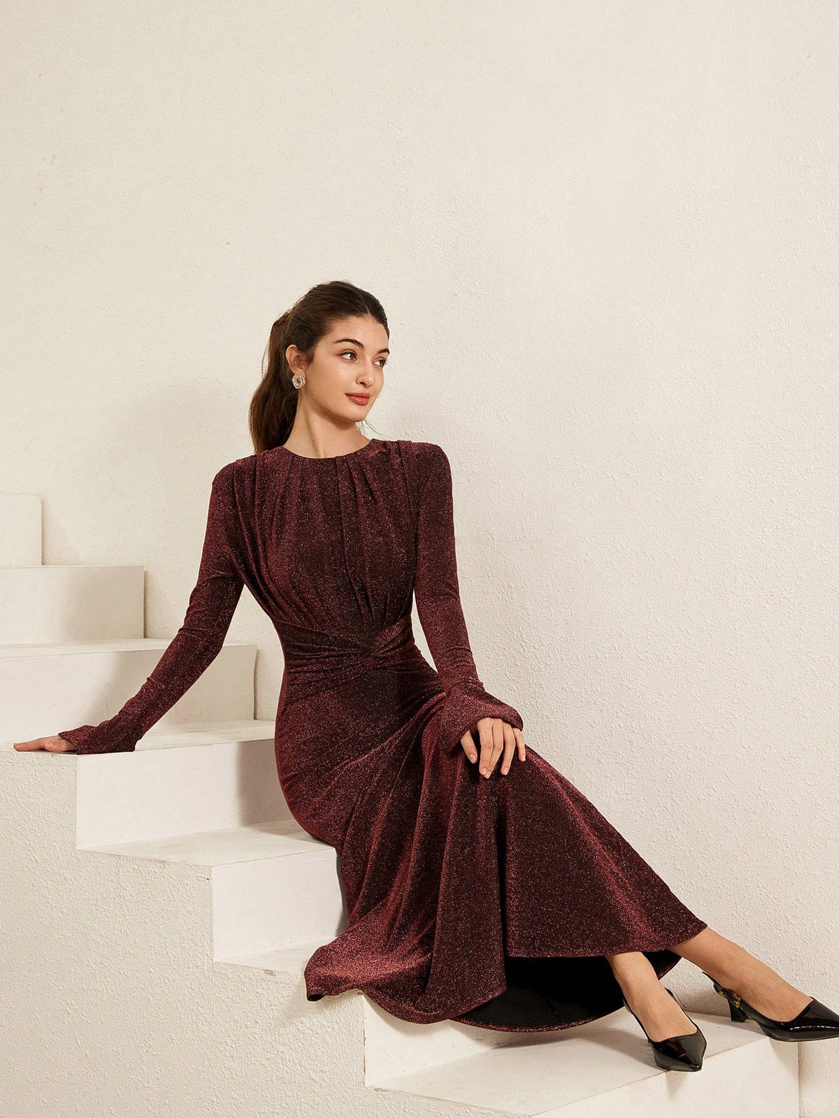 Aveloria Rosie Round Neck Pleated Elegant & Refined High-Grade Alluring Shiny Fabric Flared Cuff Cinched Waist Long Sleeve Dress For Women