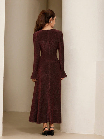 Aveloria Rosie Round Neck Pleated Elegant & Refined High-Grade Alluring Shiny Fabric Flared Cuff Cinched Waist Long Sleeve Dress For Women