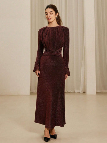 Aveloria Rosie Round Neck Pleated Elegant & Refined High-Grade Alluring Shiny Fabric Flared Cuff Cinched Waist Long Sleeve Dress For Women