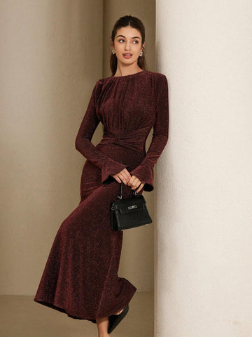 Aveloria Rosie Round Neck Pleated Elegant & Refined High-Grade Alluring Shiny Fabric Flared Cuff Cinched Waist Long Sleeve Dress For Women