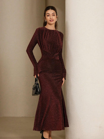 Aveloria Rosie Round Neck Pleated Elegant & Refined High-Grade Alluring Shiny Fabric Flared Cuff Cinched Waist Long Sleeve Dress For Women