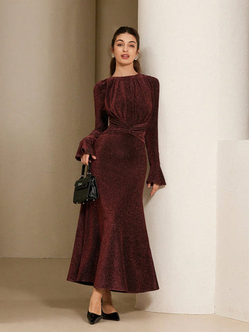 Aveloria Rosie Round Neck Pleated Elegant & Refined High-Grade Alluring Shiny Fabric Flared Cuff Cinched Waist Long Sleeve Dress For Women