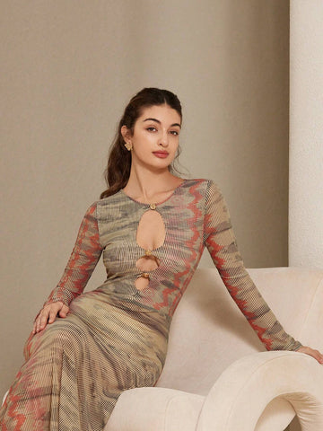 Aveloria Rosie Sexy Elastic Mesh Rose Metal Buckle Hollow Out Long Sleeve Fitted Dress