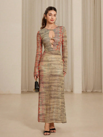 Aveloria Rosie Sexy Elastic Mesh Rose Metal Buckle Hollow Out Long Sleeve Fitted Dress