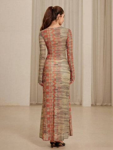 Aveloria Rosie Sexy Elastic Mesh Rose Metal Buckle Hollow Out Long Sleeve Fitted Dress