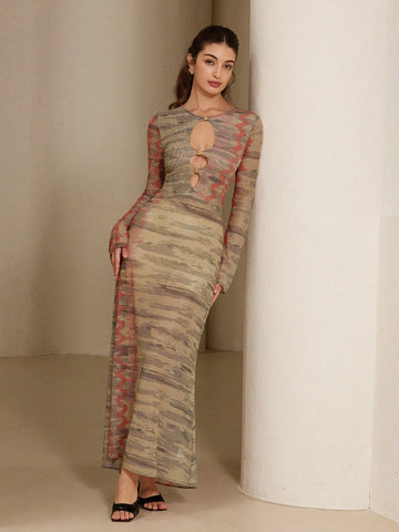 Aveloria Rosie Sexy Elastic Mesh Rose Metal Buckle Hollow Out Long Sleeve Fitted Dress