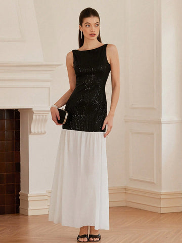 Aveloria Rosie Sexy Luxurious Round Neck Sleeveless Sequined Splicing Chiffon Pleated Contrast Color Hem Dress, Women Spring Summer Casual Wear