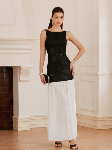 Aveloria Rosie Sexy Luxurious Round Neck Sleeveless Sequined Splicing Chiffon Pleated Contrast Color Hem Dress, Women Spring Summer Casual Wear