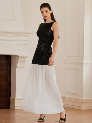 Aveloria Rosie Sexy Luxurious Round Neck Sleeveless Sequined Splicing Chiffon Pleated Contrast Color Hem Dress, Women Spring Summer Casual Wear