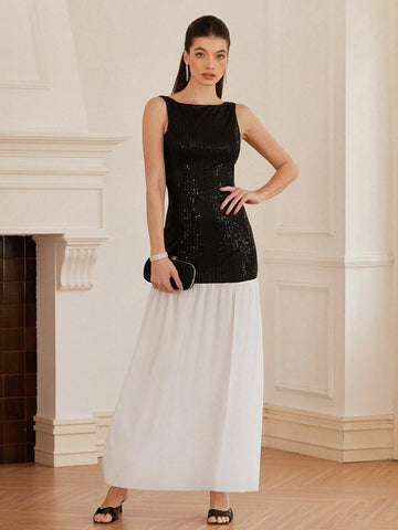 Aveloria Rosie Sexy Luxurious Round Neck Sleeveless Sequined Splicing Chiffon Pleated Contrast Color Hem Dress, Women Spring Summer Casual Wear