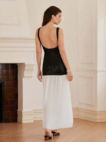 Aveloria Rosie Sexy Luxurious Round Neck Sleeveless Sequined Splicing Chiffon Pleated Contrast Color Hem Dress, Women Spring Summer Casual Wear