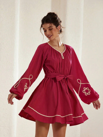 Aveloria Rosie Southern French Resort Style Patchwork Crafted Cinched Waist Puff Sleeve Long Sleeve Embroidered Flared Dress, For Women, Spring, Valentine's Day
