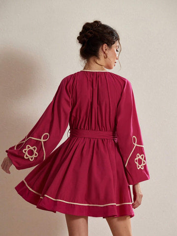 Aveloria Rosie Southern French Resort Style Patchwork Crafted Cinched Waist Puff Sleeve Long Sleeve Embroidered Flared Dress, For Women, Spring, Valentine's Day