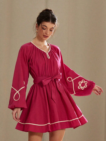 Aveloria Rosie Southern French Resort Style Patchwork Crafted Cinched Waist Puff Sleeve Long Sleeve Embroidered Flared Dress, For Women, Spring, Valentine's Day