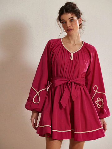 Aveloria Rosie Southern French Resort Style Patchwork Crafted Cinched Waist Puff Sleeve Long Sleeve Embroidered Flared Dress, For Women, Spring, Valentine's Day