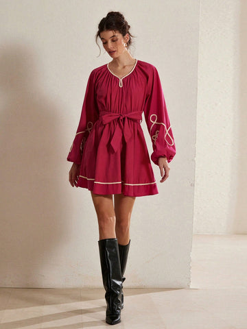 Aveloria Rosie Southern French Resort Style Patchwork Crafted Cinched Waist Puff Sleeve Long Sleeve Embroidered Flared Dress, For Women, Spring, Valentine's Day