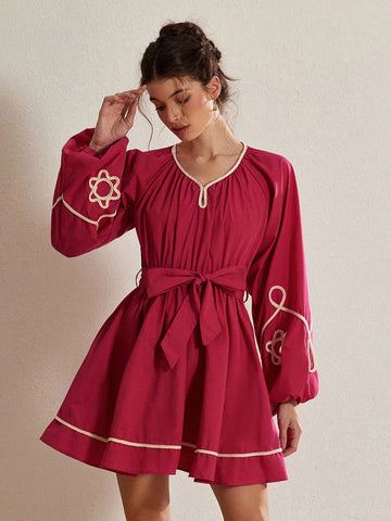 Aveloria Rosie Southern French Resort Style Patchwork Crafted Cinched Waist Puff Sleeve Long Sleeve Embroidered Flared Dress, For Women, Spring, Valentine's Day