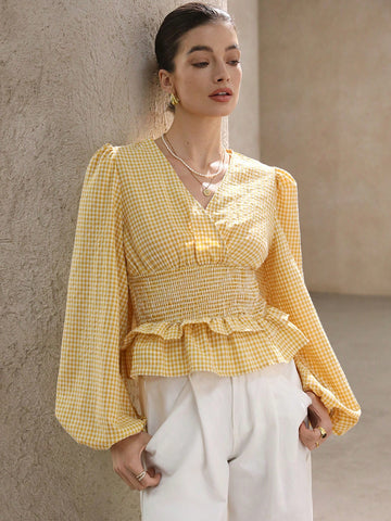 Aveloria Rosie Spring Women Cream-Colored Shirred Top With Textured Bubble Crinkle Striped Fabric, Cinched Waist, Layered Ruffle Hem, Lantern Sleeves