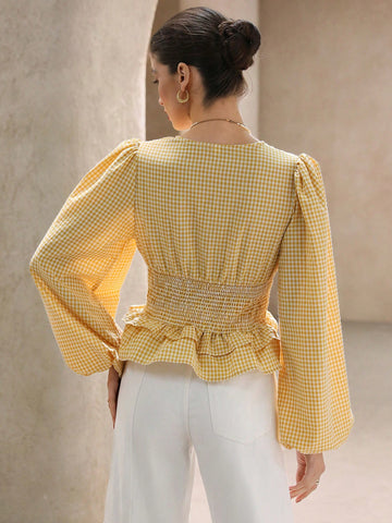 Aveloria Rosie Spring Women Cream-Colored Shirred Top With Textured Bubble Crinkle Striped Fabric, Cinched Waist, Layered Ruffle Hem, Lantern Sleeves