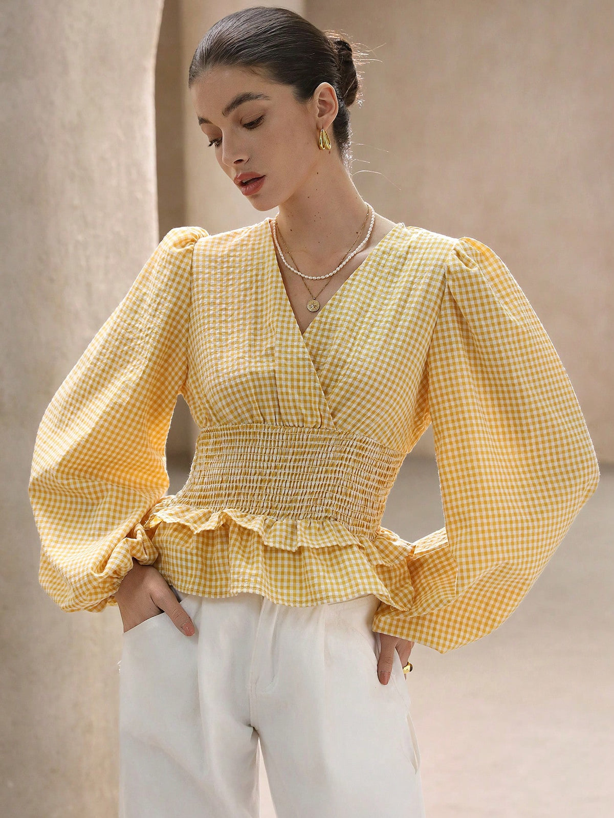 Aveloria Rosie Spring Women Cream-Colored Shirred Top With Textured Bubble Crinkle Striped Fabric, Cinched Waist, Layered Ruffle Hem, Lantern Sleeves