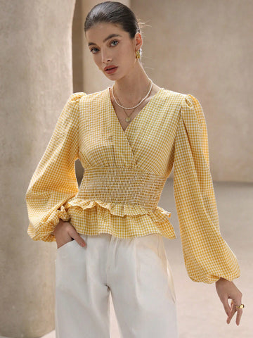 Aveloria Rosie Spring Women Cream-Colored Shirred Top With Textured Bubble Crinkle Striped Fabric, Cinched Waist, Layered Ruffle Hem, Lantern Sleeves