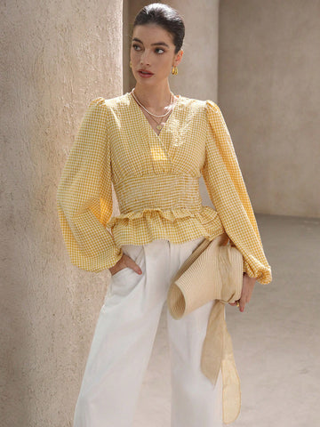 Aveloria Rosie Spring Women Cream-Colored Shirred Top With Textured Bubble Crinkle Striped Fabric, Cinched Waist, Layered Ruffle Hem, Lantern Sleeves