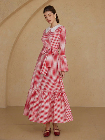 Aveloria Rosie Sweet Retro Vibrant Contrast Color Peter Pan Collar Classic Gingham Ruffle Sleeve A-Line Long Sleeve Dress For Women, Spring