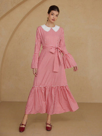 Aveloria Rosie Sweet Retro Vibrant Contrast Color Peter Pan Collar Classic Gingham Ruffle Sleeve A-Line Long Sleeve Dress For Women, Spring