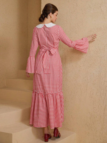 Aveloria Rosie Sweet Retro Vibrant Contrast Color Peter Pan Collar Classic Gingham Ruffle Sleeve A-Line Long Sleeve Dress For Women, Spring