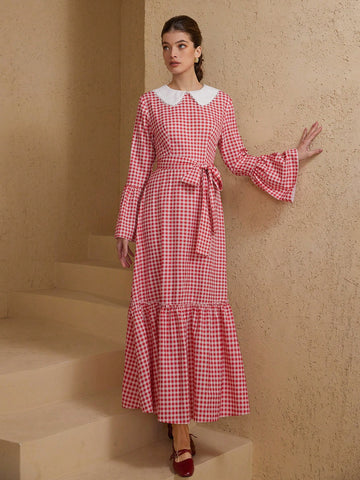 Aveloria Rosie Sweet Retro Vibrant Contrast Color Peter Pan Collar Classic Gingham Ruffle Sleeve A-Line Long Sleeve Dress For Women, Spring