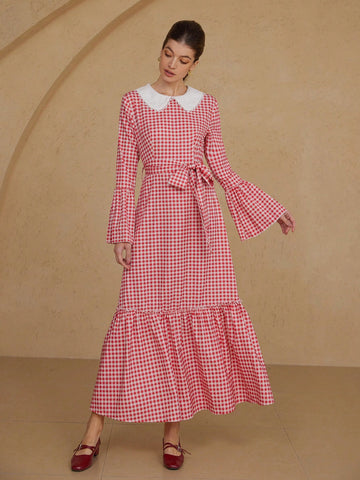 Aveloria Rosie Sweet Retro Vibrant Contrast Color Peter Pan Collar Classic Gingham Ruffle Sleeve A-Line Long Sleeve Dress For Women, Spring