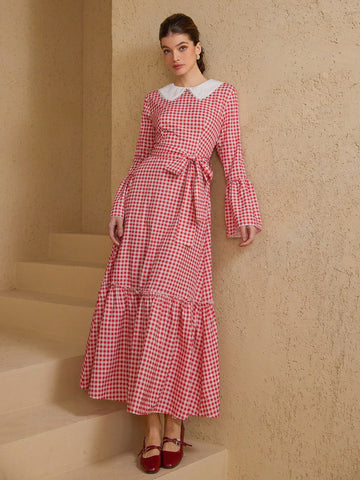 Aveloria Rosie Sweet Retro Vibrant Contrast Color Peter Pan Collar Classic Gingham Ruffle Sleeve A-Line Long Sleeve Dress For Women, Spring