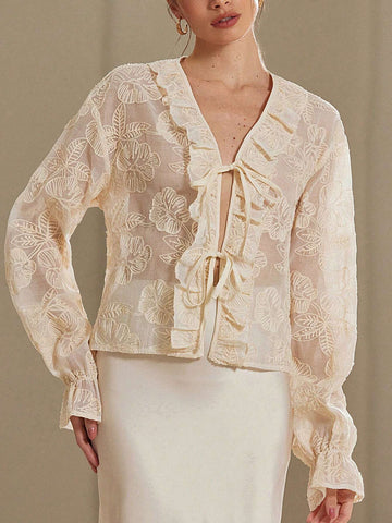 Aveloria Rosie V-Neck Ivory Tie-Up Bow Embroidered Ruffle Romantic French Style Women Blouse