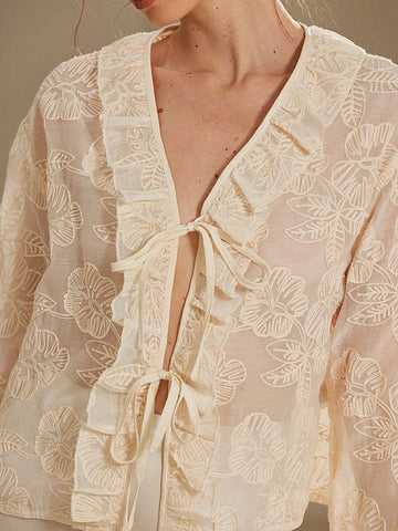 Aveloria Rosie V-Neck Ivory Tie-Up Bow Embroidered Ruffle Romantic French Style Women Blouse