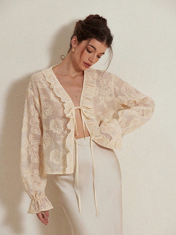 Aveloria Rosie V-Neck Ivory Tie-Up Bow Embroidered Ruffle Romantic French Style Women Blouse