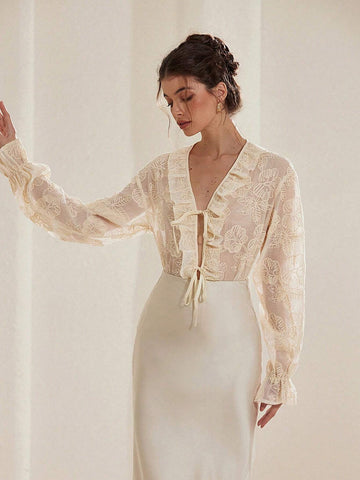 Aveloria Rosie V-Neck Ivory Tie-Up Bow Embroidered Ruffle Romantic French Style Women Blouse