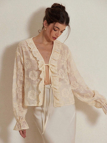 Aveloria Rosie V-Neck Ivory Tie-Up Bow Embroidered Ruffle Romantic French Style Women Blouse